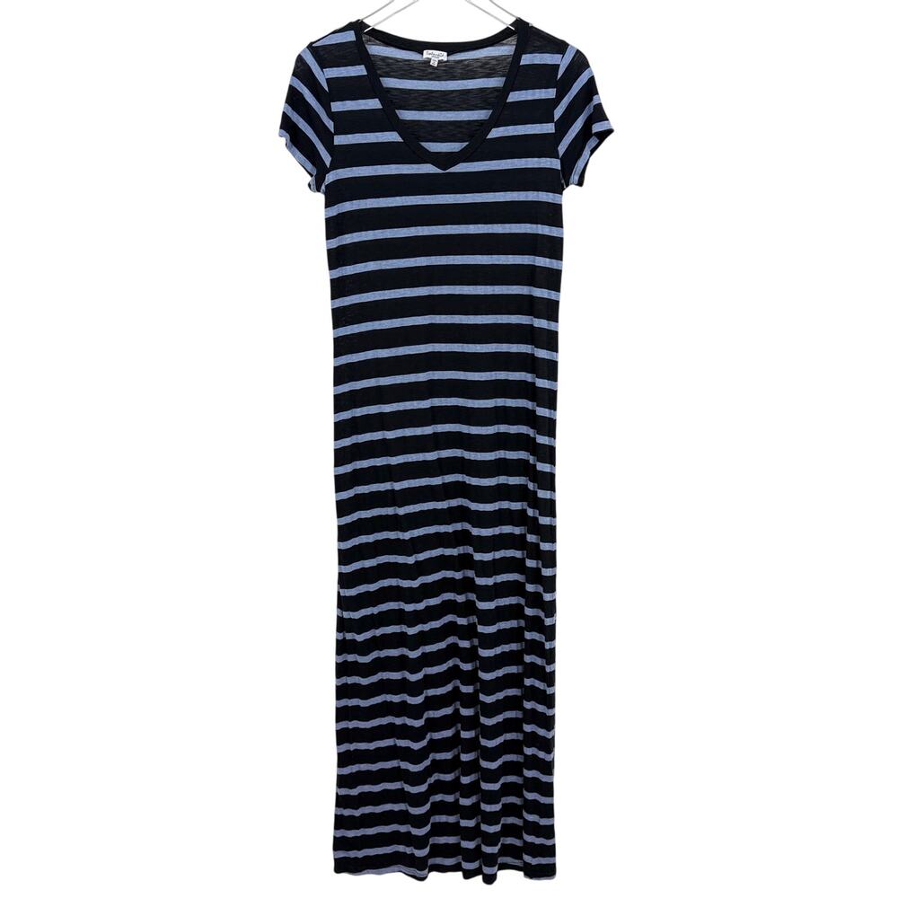 Splendid Black & Blue Striped Maxi Dress Size Medium V Neck Stretch Long USA